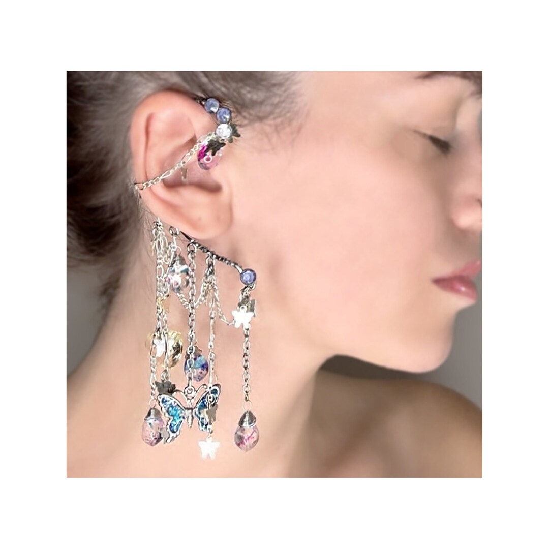 Butterfly Ear Cuff, Non Pierced Earrings, Dangle Chain Ear Wrap, Fairy