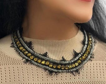 Black Lace Choker Necklace with Rhinestones, Metallic Halloween Emo Jewelry Statement Bib  Collar