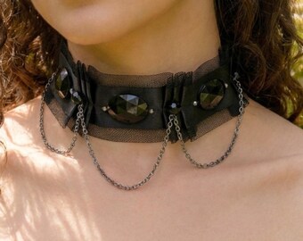 Wide Gothic Choker Necklace: Black Pleated Ribbon Collar with Rhinestones and Chains, Jewelry Gifts