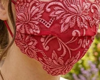 Red Flower Lace Face Mask, Floral Embroidery Face Covering Accessories Gifts for Her