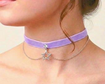 Purple Velvet Choker Necklace, Rhinestone Star Charm Choker with Layered Chains