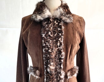 May include: A brown suede jacket with a faux fur collar and cuffs. The jacket has a zipper closure and a leopard print lining.