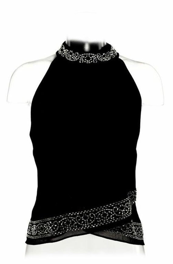 Sleeveless Mock Neck Top with Silver Beading