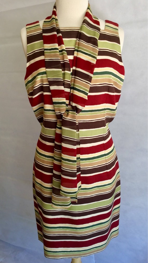 Silk, Striped Sheath Dress w/Scarf