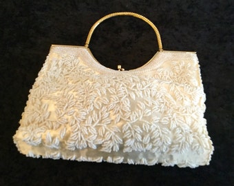 Vintage LaRegale Ivory, Satin Beaded, Mother of Pearl and Gold Trimmed Purse.