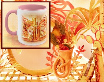 Musical Bridgerton Pink Gold Coffee Mug, 11oz Queen Charlotte Symphony Orchestra Violin