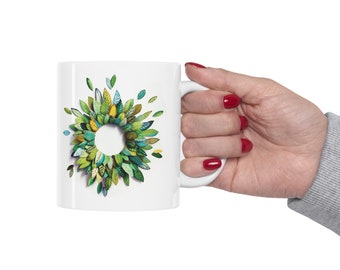 Green Leaf Collage Ceramic Mug 11oz