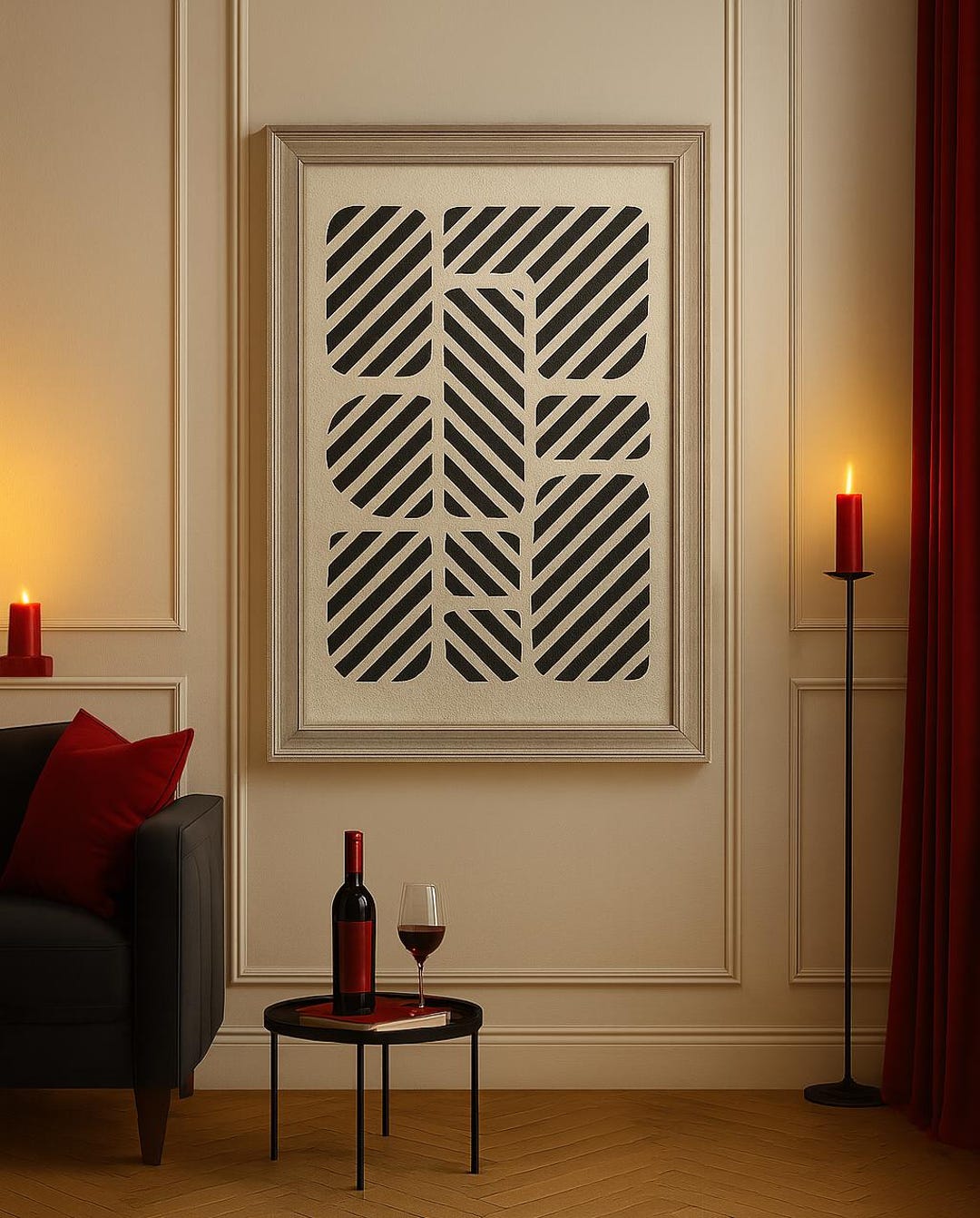 Mid-century Modern Black and White Geometric Striped Art Print (digital ...