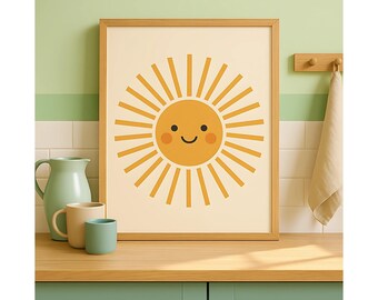 Lámina infantil con diseño de carita sonriente y sol: Arte minimalista del sol, decoración para la habitación de los niños (descarga digital)