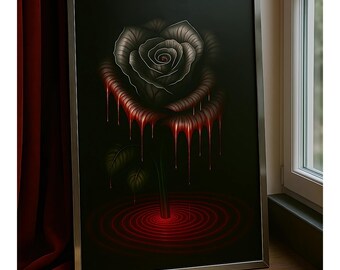 Puede incluir: Una impresión artística enmarcada que presenta una rosa negra estilizada con detalles rojos goteando. La obra de arte tiene un tema oscuro y gótico, con un diseño espiral rojo en la base del tallo. El marco es plateado.