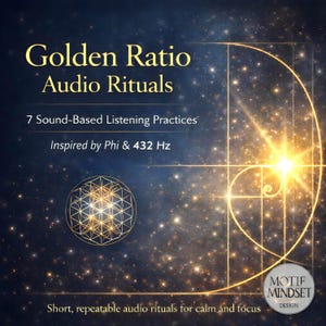 May include: A digital graphic with a dark blue and gold celestial background. Text reads "Golden Ratio Audio Rituals" and "7 Sound-Based Listening Practices." Additional text states "Inspired by Phi & 432 Hz" and "Short, repeatable audio rituals for calm and focus."