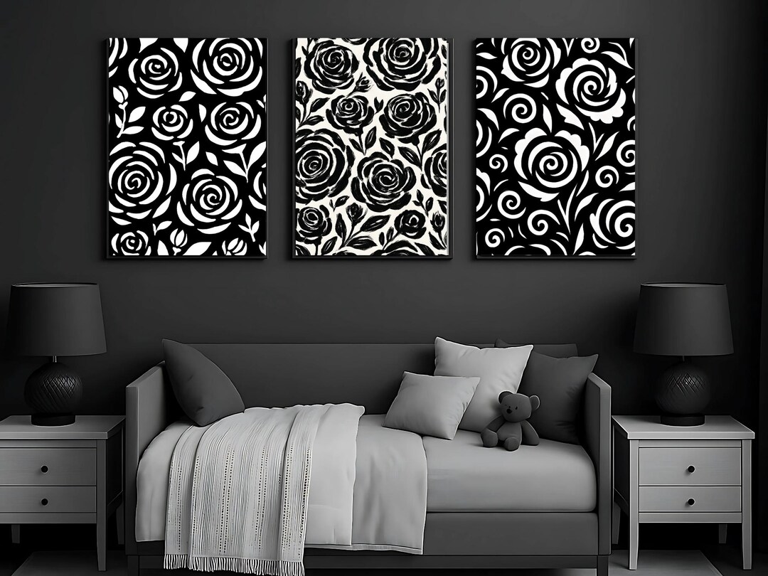 Modern Floral Wall Decor: Black and White Rose Art Prints (digital ...