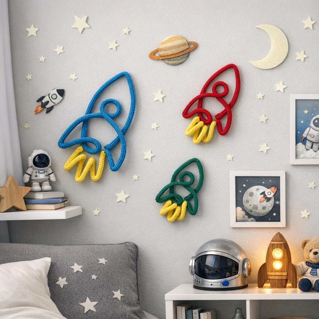 Knitted Wire Rocket Set – Space Nursery Wall Decor, Cotton Yarn Art - Etsy