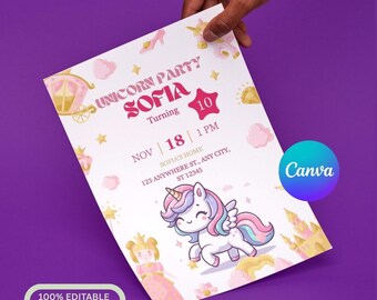 Editable Unicorn Birthday Invitation Girl | Pastel Rainbow (Canva Template)