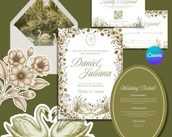 English Heirloom Swan Wedding Suite | Garden Floral Canva Template (Editable)