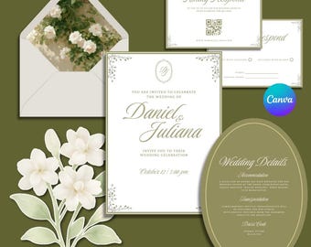 Sage Green Hydrangea Wedding Invitation Suite, Editable Canva Template (Digital Download)
