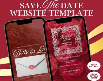 Burgundy Save The Date Website Template | Digital Wedding Invitation with RSVP | instant download