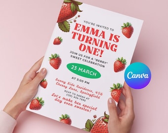 Strawberry First Birthday Invitation, Editable Berry Sweet Invite (Canva Template)