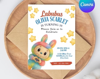 Labubu Geburtstagseinladung | Monster Party, bearbeitbare Vorlage (digitaler Download)