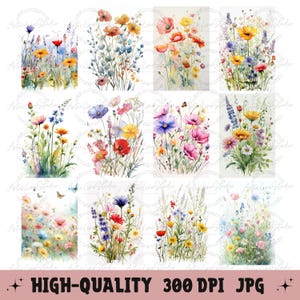 12 Well Defined Wildflower Watercolor Clipart Bundle, High Quality JPG, Instant Download, Printable Clipart for Paper Crafts & Scrapbooking