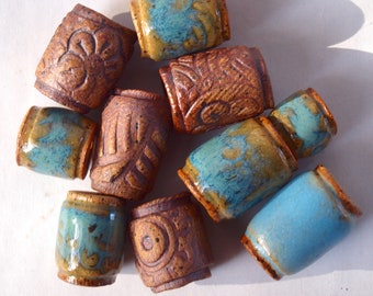 Beads, 8mm hole beads, 10 Handmade ceramic beads for dreads, macrame and jewelry making