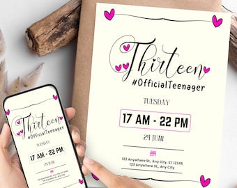 Invito per il 13° compleanno: tema cuori per ragazze adolescenti (download digitale)