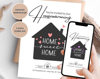 Editable Housewarming Party Invitation: New Home Announcement (Canva Template, Digital Download)
