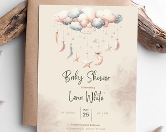 May include: A baby shower invitation with a watercolour design of pastel clouds, stars, and feathers. The text reads "Baby Shower To Honoring Lena White" with the date May 25th at 5 PM. The invitation is on a cream background with a brown envelope.