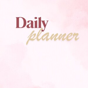 May include: A digital planner design with the words "Daily Planner" in burgundy and gold script on a soft pink watercolor background. The text below lists the planner's compatibility with iPad and PDF formats.