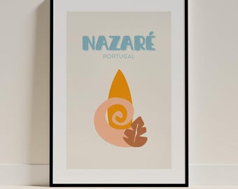 Nazaré Travel Poster – Portugal Print | Retro Surf Board Illustration, Minimalist Wall Decor, Digital Download