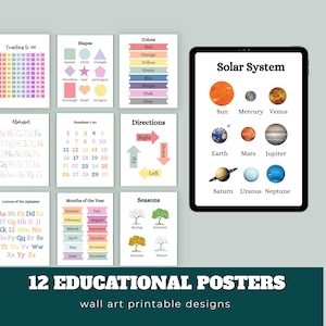 Pacchetto di poster educativi, stampe boho per la scuola materna, decorazioni neutre per la cameretta dei bambini, arte per la classe Montessori, apprendimento per i più piccoli, stampe da parete
