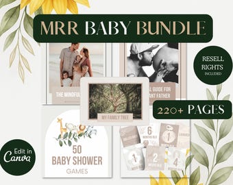 Baby Shower Games, Milestone Cards, Family Tree, Parenting eBooks | Canva Template Bundle to Resell | MRR PLR Canva Templates for Etsy