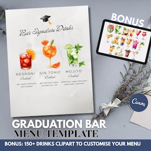 Szablon menu drinków Canva, podpisy koktajli na zakończenie studiów, edytowalny znak baru, elegancki minimalistyczny wydruk, natychmiastowy dostęp, specjalne wydarzenie