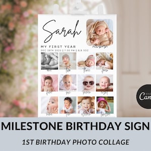 Letrero de bienvenida para el primer cumpleaños con fotos / Tablero de hitos del bebé / Plantilla editable de Canva / Letrero con foto para el primer cumpleaños / Tablero de recuerdos imprimible