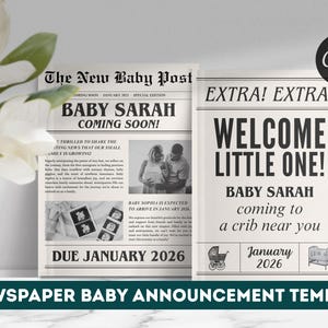 Faire-part de bébé en toile journal | Révélation de grossesse modifiable | Modèle imprimable de faire-part de naissance | Téléchargement instantané | Papier journal à faire soi-même