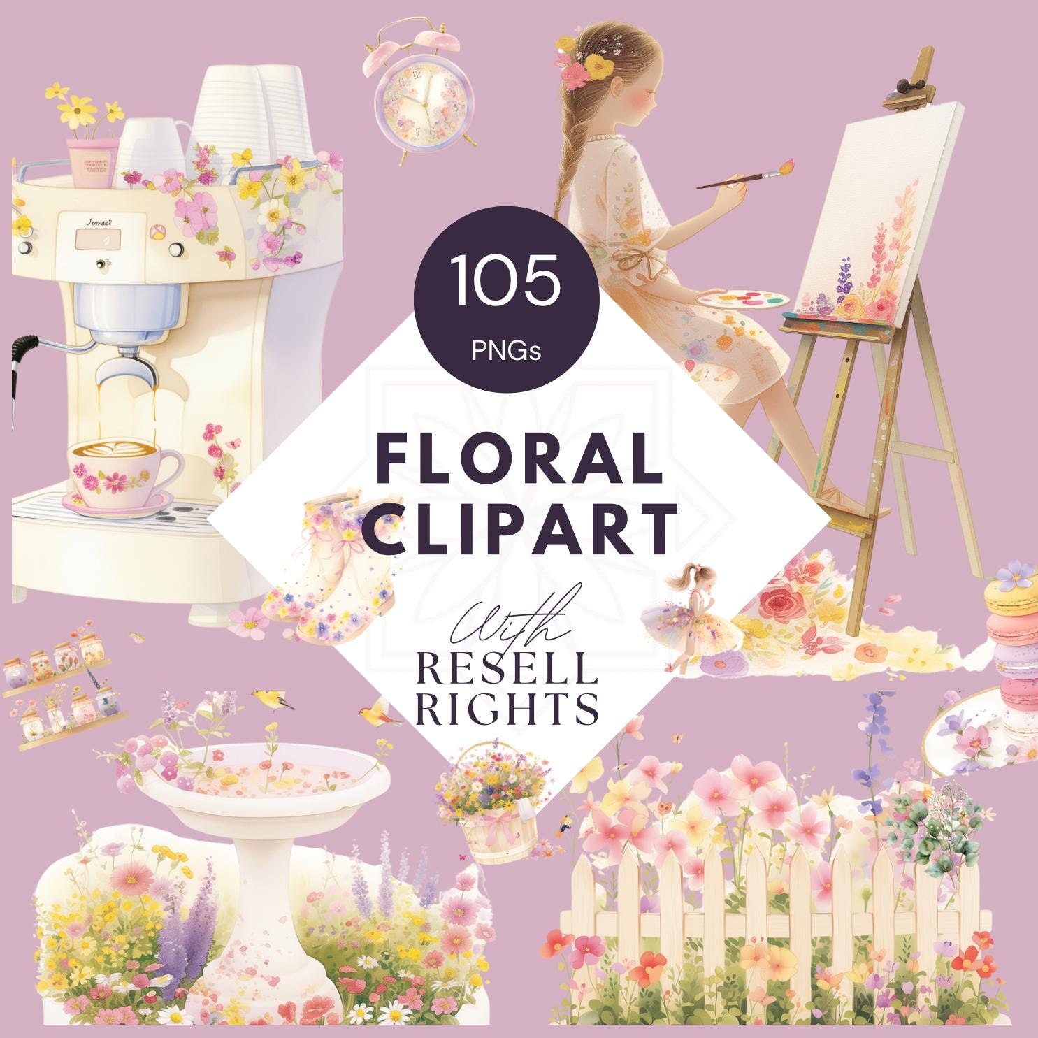 Floral Business Branding Kit | 105 Pastel Watercolor PNGs | Spring Floral Clipart Bundle | MRR PLR | Kids Nursery Art | Digital Download