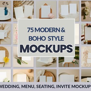 Pacote de mockups de convites de casamento com 75 imagens - Expositor de cartões boho e moderno - Modelos de papelaria 5x7 - Layout plano rústico - Arquivos PNG digitais