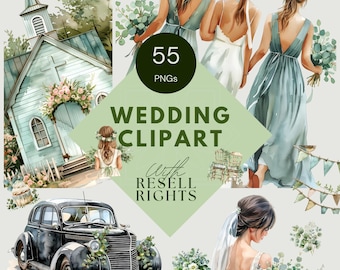 Wedding Bundle PLR | Minimalist Watercolor Clipart Set | Boho Bridal Graphics, Floral Illustrations | Commercial & Resell Rights | PNG File