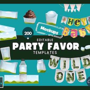 Plantillas de regalos de fiesta para Canva: más de 200 diseños editables para hacer tú mismo, bolsas para papas fritas, envoltorios de dulces y bolsitas de jugo para cumpleaños y baby shower.