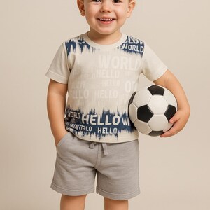 Toddler Boy Summer Outfit – “WORLD” Print T-Shirt and Gray Shorts Set | Casual Kids Clothes