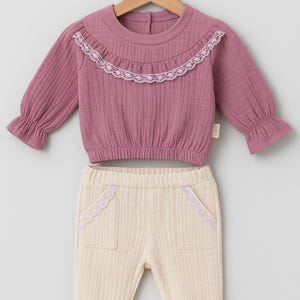Baby Girl Outfit Set – 2 Piece Cotton Muslin Long Sleeve Top and Pants with Lace – Infant Girl Clothes –Toddler Girl Outfit–Soft and Stylish