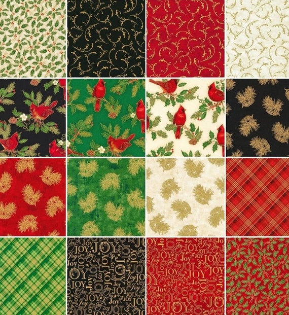 Quilt Top Fabric, Winter's Grandeur, Robert Kaufman Fabrics, Layer Cake  Squares, Ten Inch Squares, Pre Cut Fabric, Red, Green, Gold Accents 