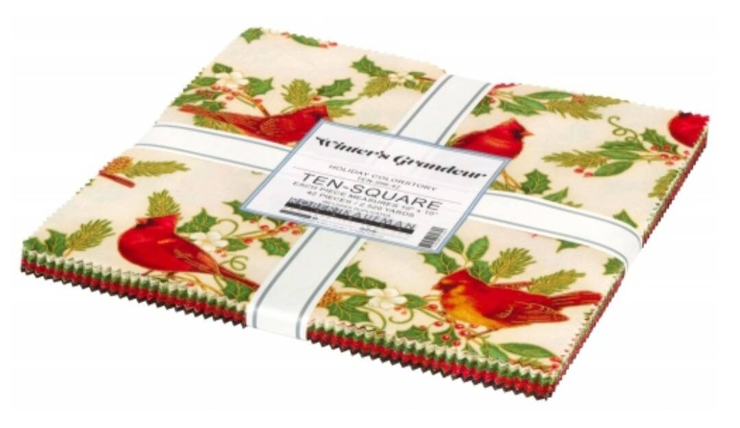 Quilt Top Fabric, Winter's Grandeur, Robert Kaufman Fabrics, Layer Cake  Squares, Ten Inch Squares, Pre Cut Fabric, Red, Green, Gold Accents 