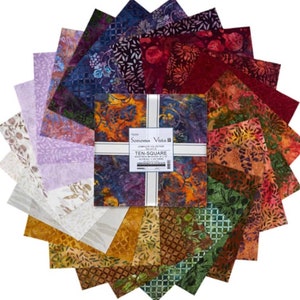 May include: A pack of 10-inch fabric squares featuring a variety of colorful batik prints with floral and leaf designs. The pack is labeled "Sonoma Vista 10" and "Ten-Square".