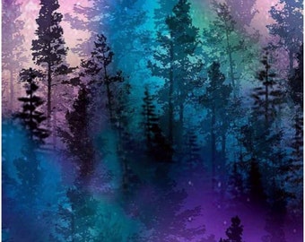 Quilting Fabric, Timeless Treasures, Fat Quarter, Aurora Borealis, Purple, Fuchsia,  Turquoise, Green, Northern Lights, Trees, Cotton