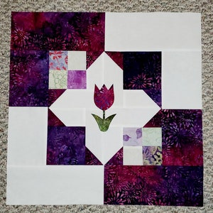 Quilt Top, Ready to Quilt, Tulip Batik Collection, Quilt Top, Approx 19 Inches Square, Green, Purple, Magenta, Lilac Purple, Quilt Top