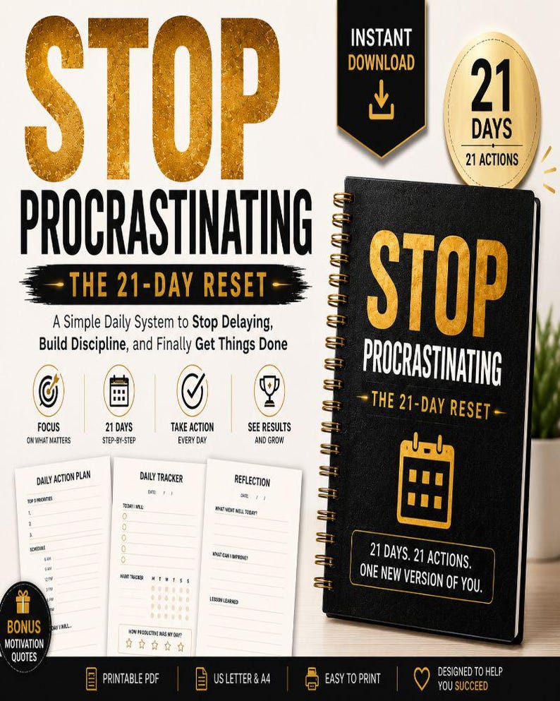 Stop Procrastinating 21-Day Reset printable productivity workbook mockup