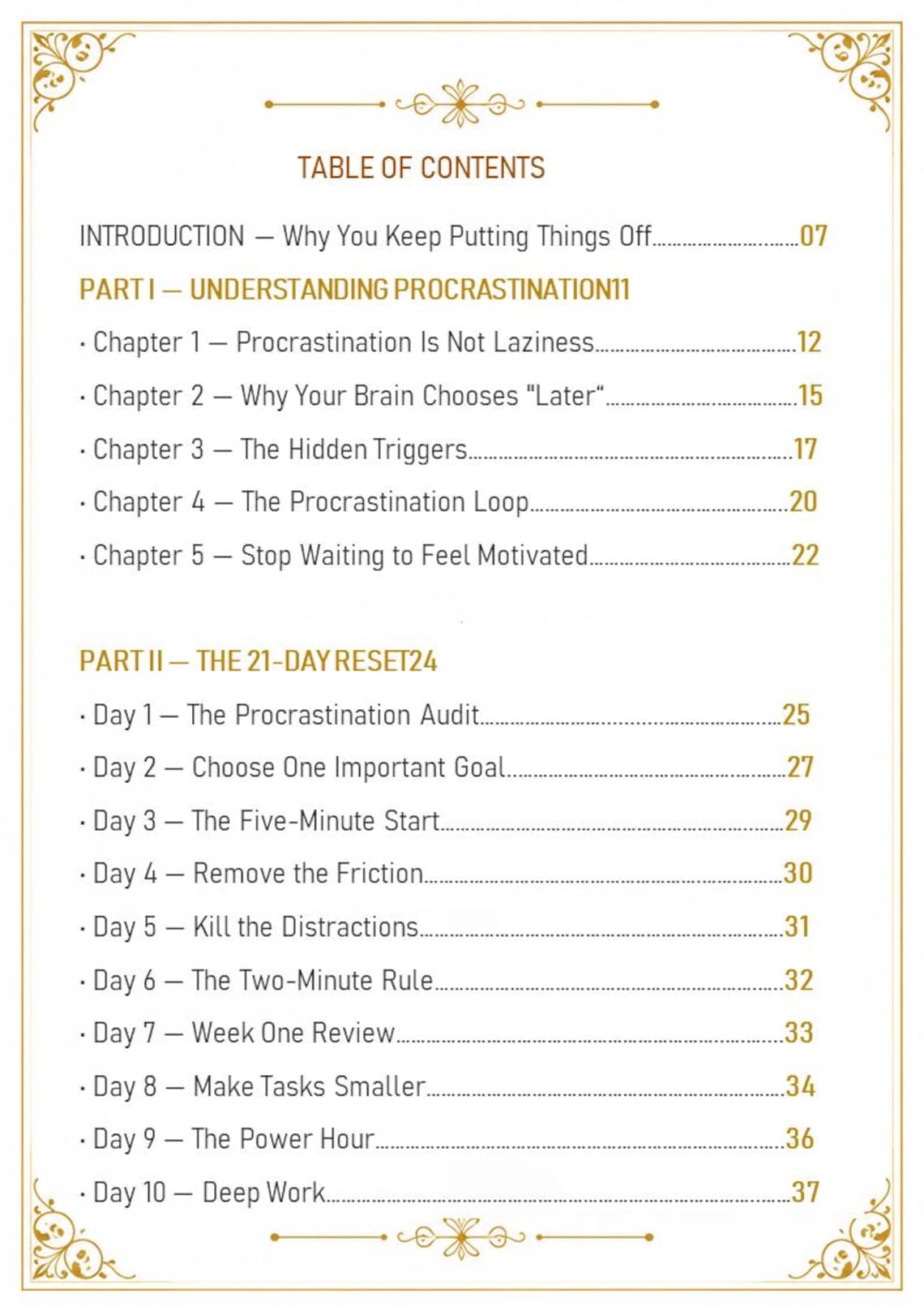 Stop Procrastinating 21-Day Reset Table of Contents