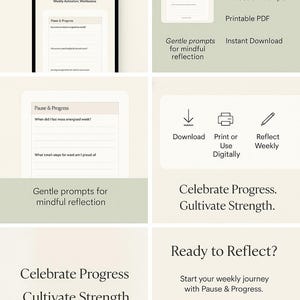 K&ouml;nnte beinhalten: Ein digitaler Download f&uuml;r ein w&ouml;chentliches Reflexionsblatt mit dem Titel "Pause & Progress". Das Blatt enth&auml;lt Aufforderungen zur achtsamen Reflexion und ermutigt die Nutzer, Fortschritte zu feiern und St&auml;rke zu kultivieren. Der Download ist im druckbaren PDF-Format verf&uuml;gbar.