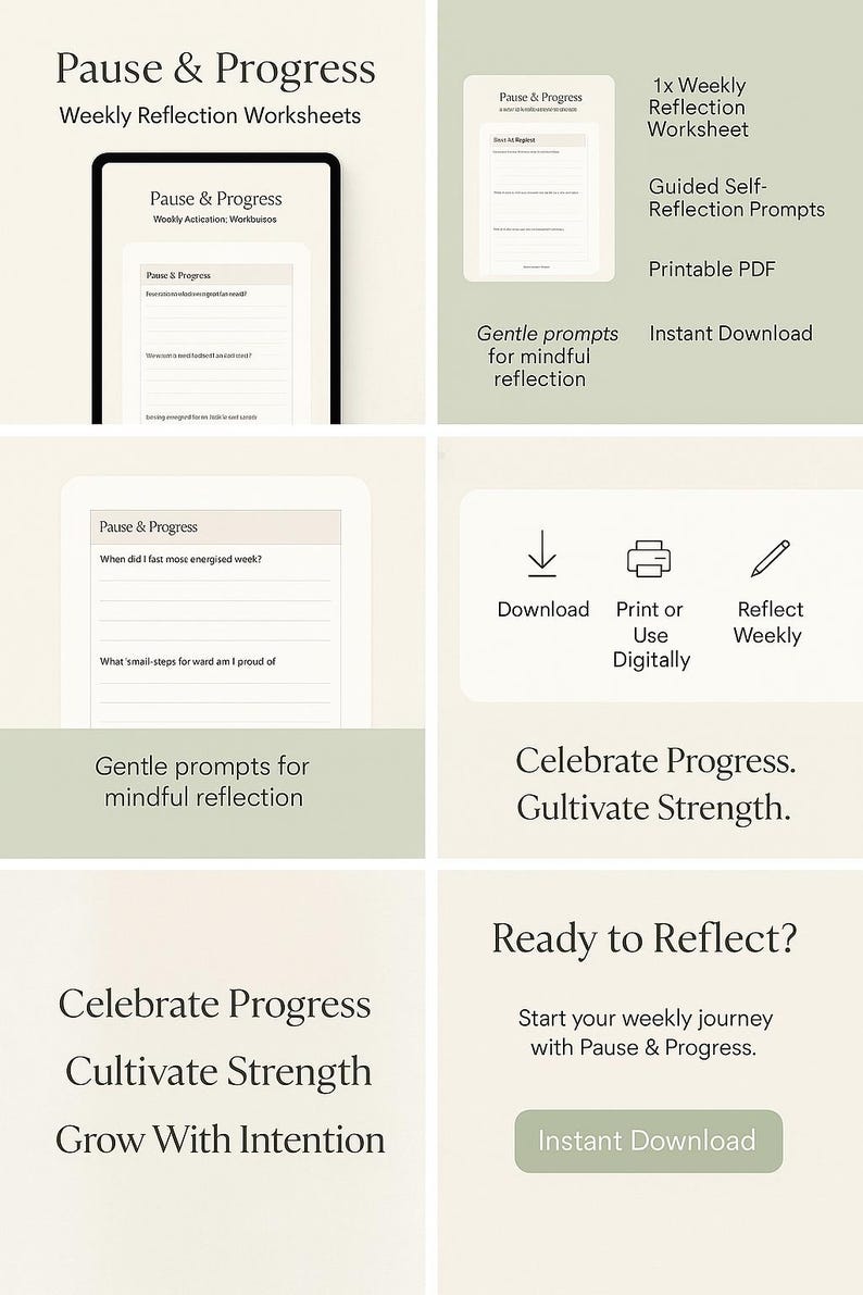 K&ouml;nnte beinhalten: Ein digitaler Download f&uuml;r ein w&ouml;chentliches Reflexionsblatt mit dem Titel "Pause & Progress". Das Blatt enth&auml;lt Aufforderungen zur achtsamen Reflexion und ermutigt die Nutzer, Fortschritte zu feiern und St&auml;rke zu kultivieren. Der Download ist im druckbaren PDF-Format verf&uuml;gbar.